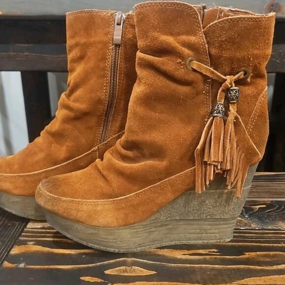 SBICCA Vintage Collection WEDGE Tassel Suede Leather Ankle Bootie Boots sz 7.5 - Picture 1 of 11